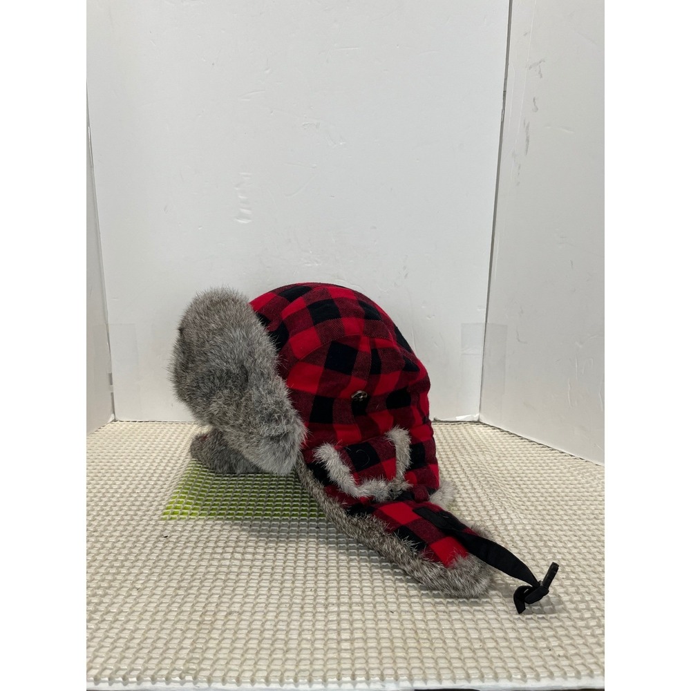 Cabelas Trapper Hat Men's S/M Red Black Buffalo Plaid Faux Fur Ear Flap Cap EUC